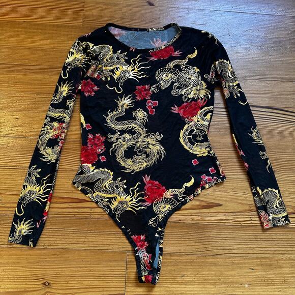 Sheer black gold red Asian long sleeve bodysuit SIZE L - Picture 4 of 4